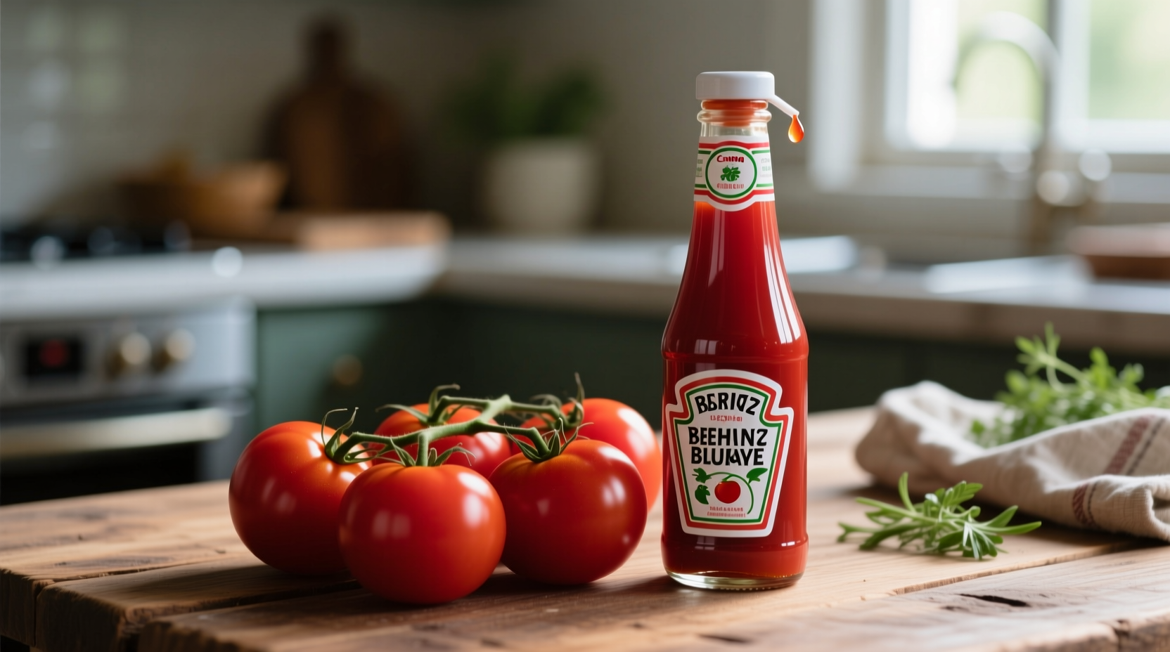 Tomato ketchup bottle next to fresh tomatoes