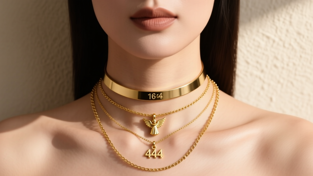 Woman wearing a layered gold necklace stack with a 16-inch choker, an 18-inch 444 angel number pendant, and a 20-inch chain