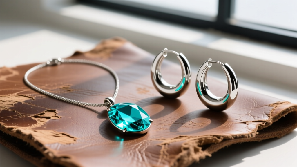 Flat lay of a turquoise pendant necklace and heavy silver hoop earrings on distressed leather to show scale and proportion.