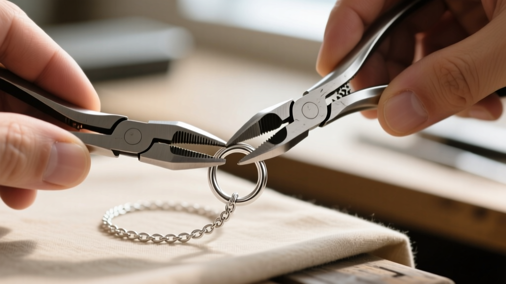 Close-up of jeweler hands using two chain-nose pliers to open a 20-gauge sterling silver jump ring on a delicate cable chain
