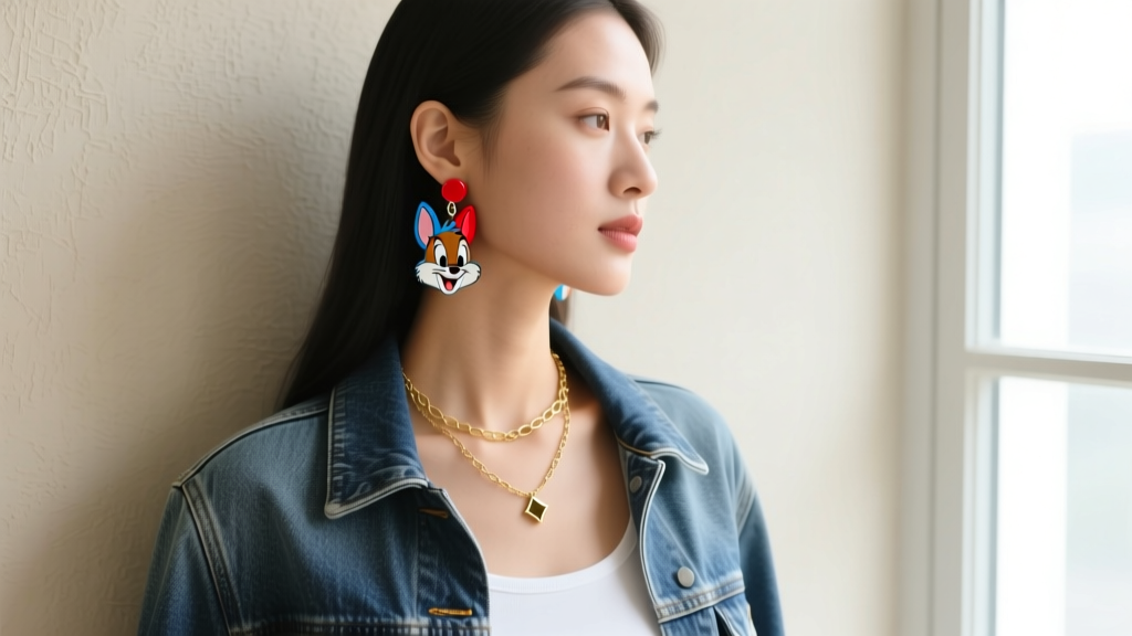 Side profile of a woman wearing small acrylic Chip and Dale dangle earrings, paired with a denim jacket and minimalist gold layered necklaces