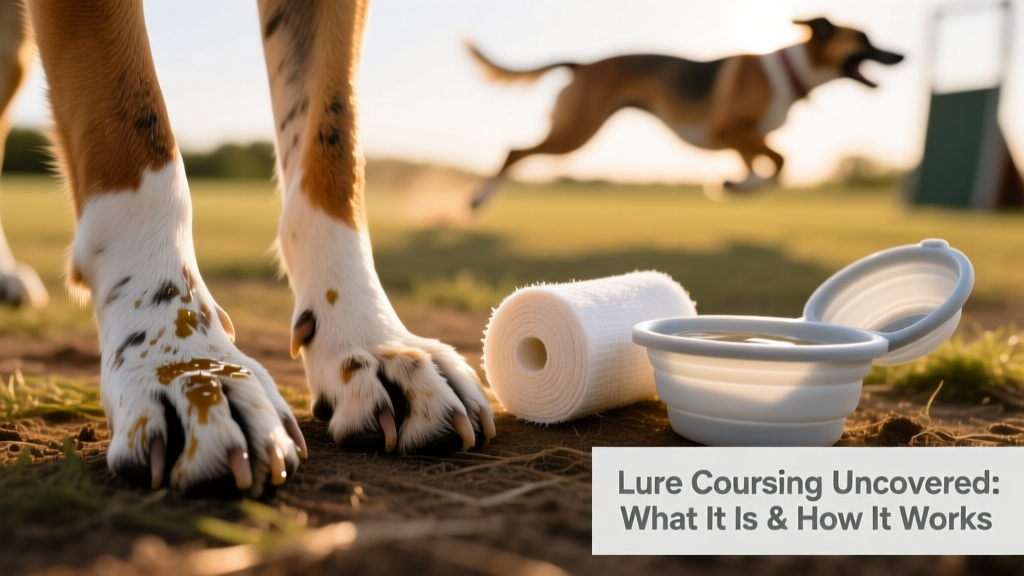 Close-up of a dog’s paws coated with protective wax, next to a roll of vet wrap and a collapsible silicone water bowl