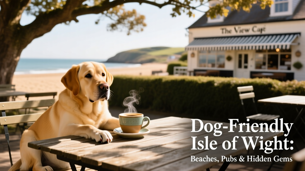 Sun-dappled outdoor seating at The View cafe, with a dog resting beside a coffee cup on a wooden table