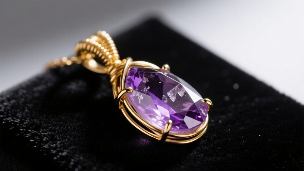 Elegant close-up of a 20-gauge 14k gold-filled wire-wrapped raw amethyst pendant resting on dark velvet, soft studio lighting