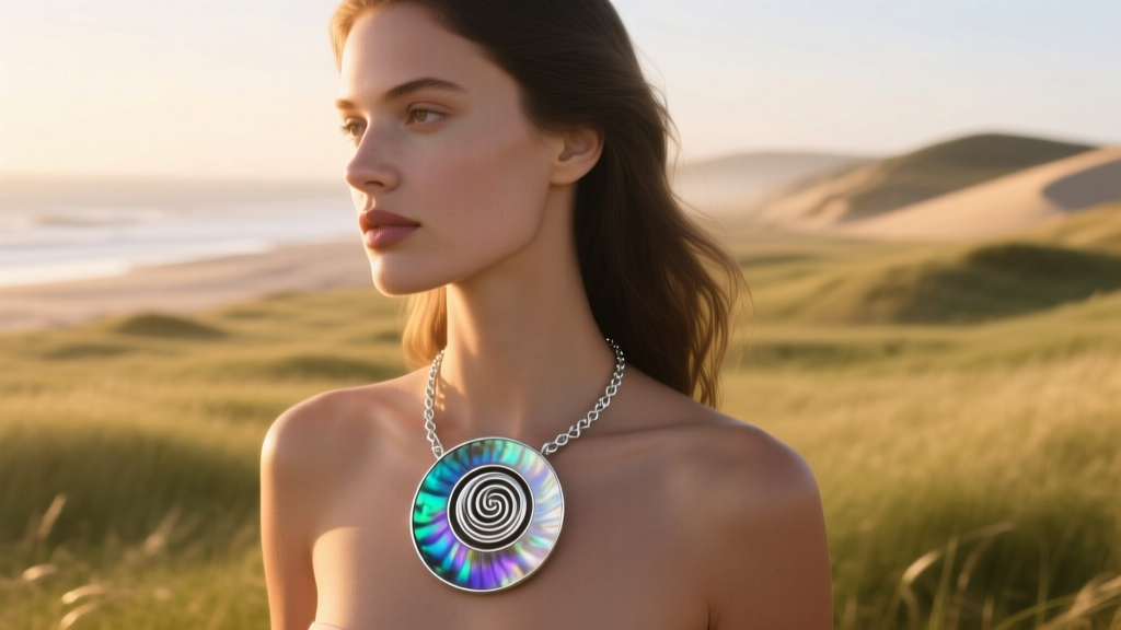 Woman wearing a sterling silver and abalone shell spiral pendant necklace, photographed outdoors in soft golden hour sunlight