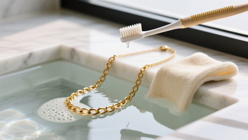 Soft toothbrush cleaning a gold vermeil tennis necklace in lukewarm soapy water, with a microfiber cloth on a marble countertop.