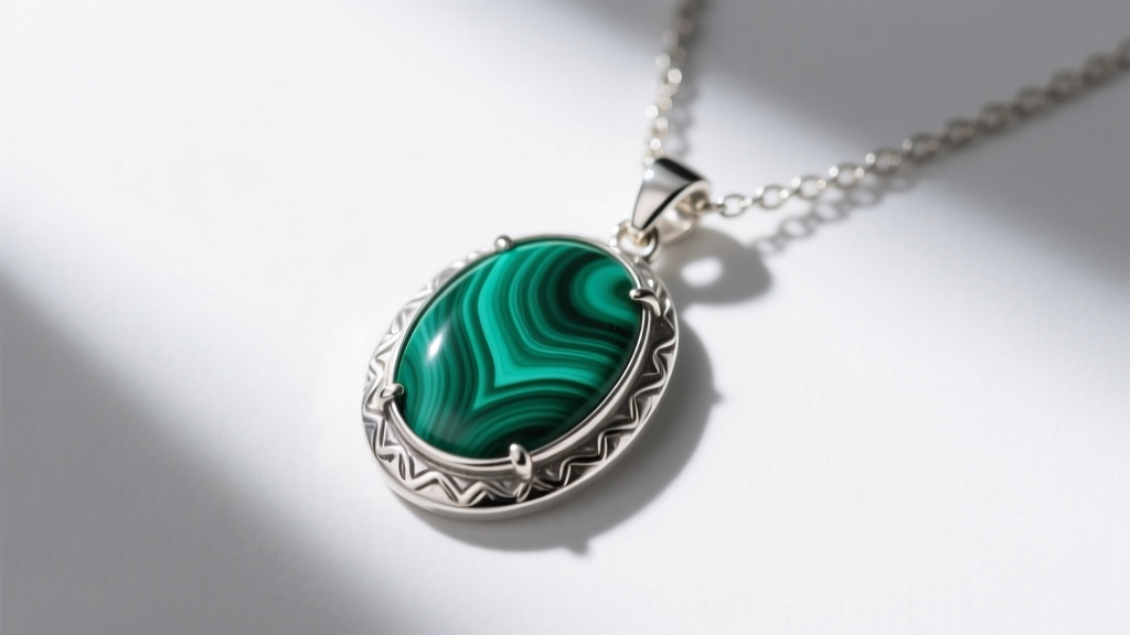 Top-down view of an oval necklace pendant featuring a genuine malachite inlay set in a textured sterling silver bezel on a chain.