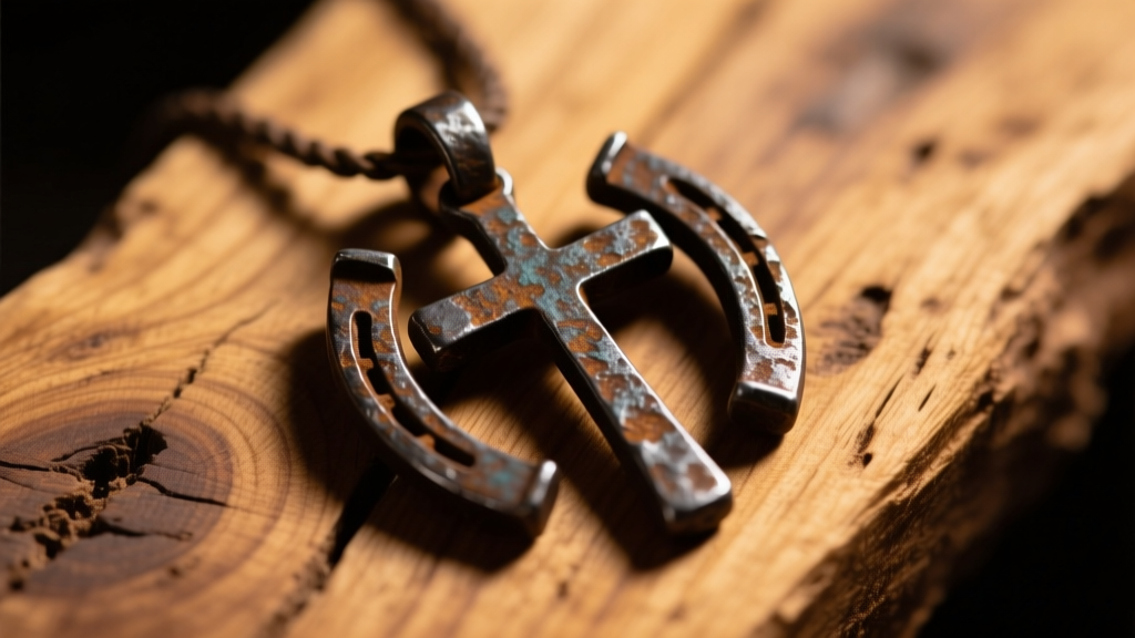 Horseshoe nail cross pendant on oak, displaying textured iron and oxidized patina under bright, warm, directional studio lighting