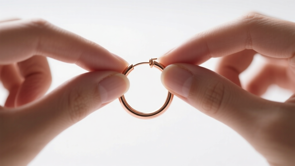 Hands gently twisting a 16-gauge seamless rose gold hoop earring open laterally, demonstrating proper technique softly blurred