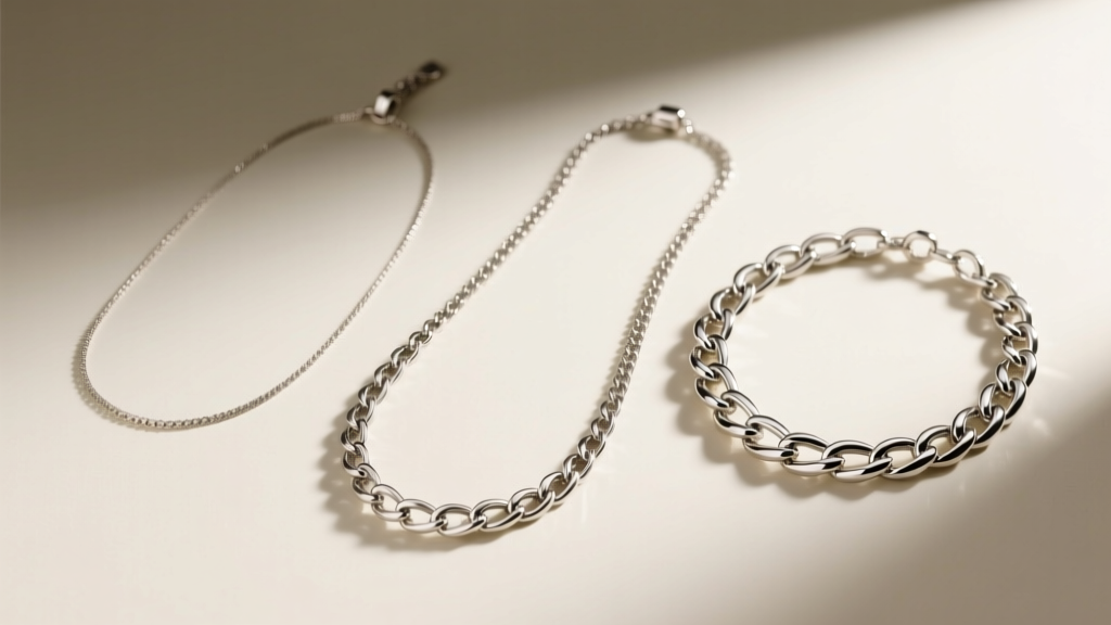 Display of three Titanic-inspired necklaces showing varying chain thicknesses and platinum finishes under soft gallery lighting