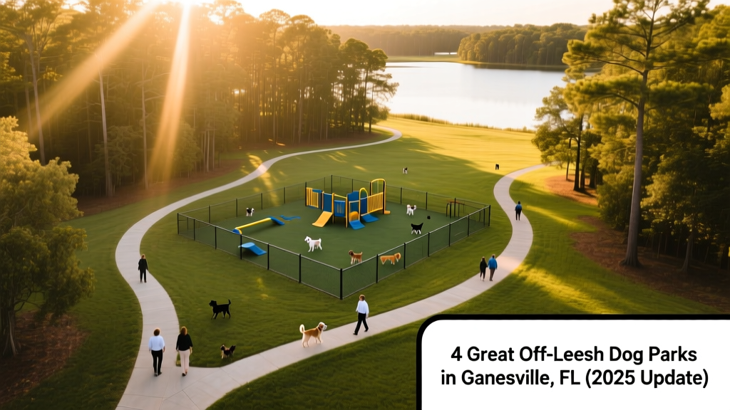 Aerial view of a large, forested dog park with clearly marked trails, a fenced play area, and a lake in the distance