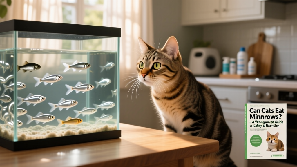 A curious domestic cat peering into a glass aquarium containing small silvery minnows