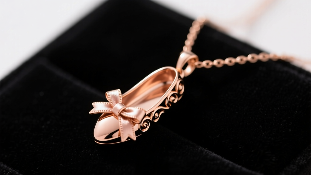 Macro shot of a 14k rose gold ballerina slipper necklace pendant on black velvet, showing intricate satin ribbon metalwork details.