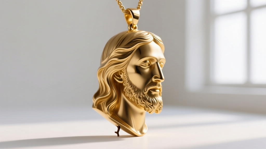 Side profile of a raw cast gold Jesus piece pendant showing the sprue mark and high-relief facial textures in studio lighting.