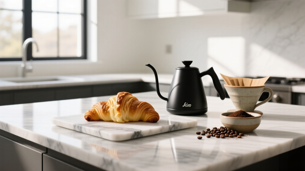 Stylish kitchen island with marble pastry board, fresh croissants, and a sleek matte-black electric pour-over kettle beside a ceramic dripper.