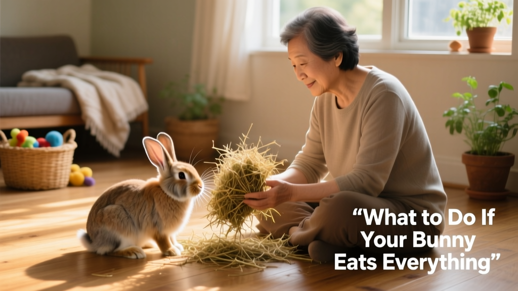 Owner sitting calmly on floor offering hay while rabbit approaches voluntarily