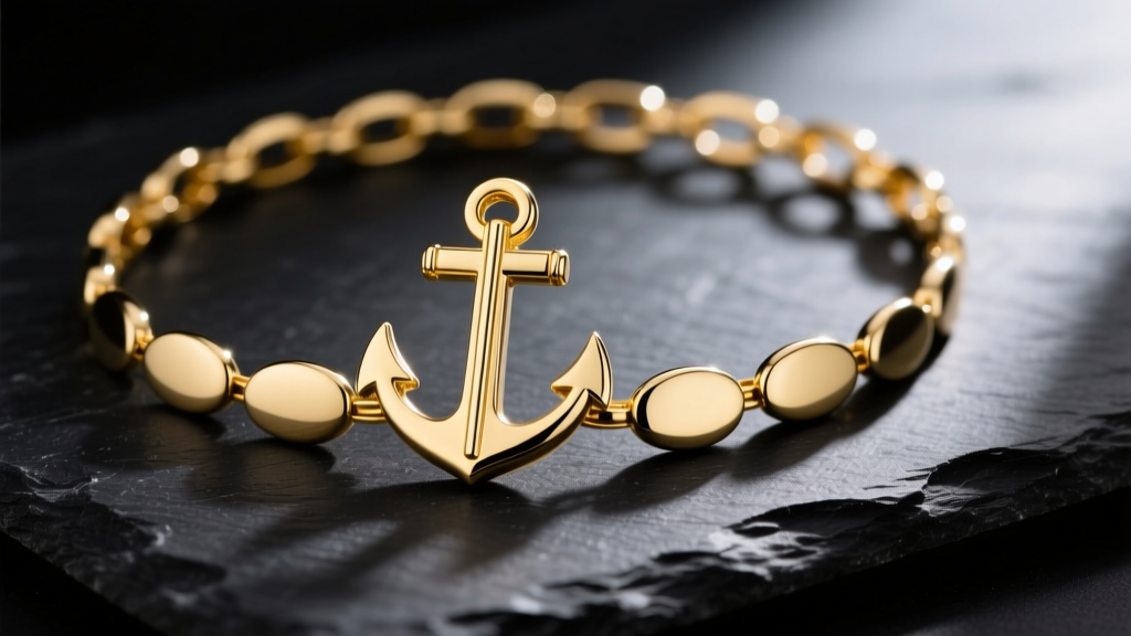 Solid 14k yellow gold anchor necklace chain on dark slate, highlighting the vertical metal bar inside each polished oval link.