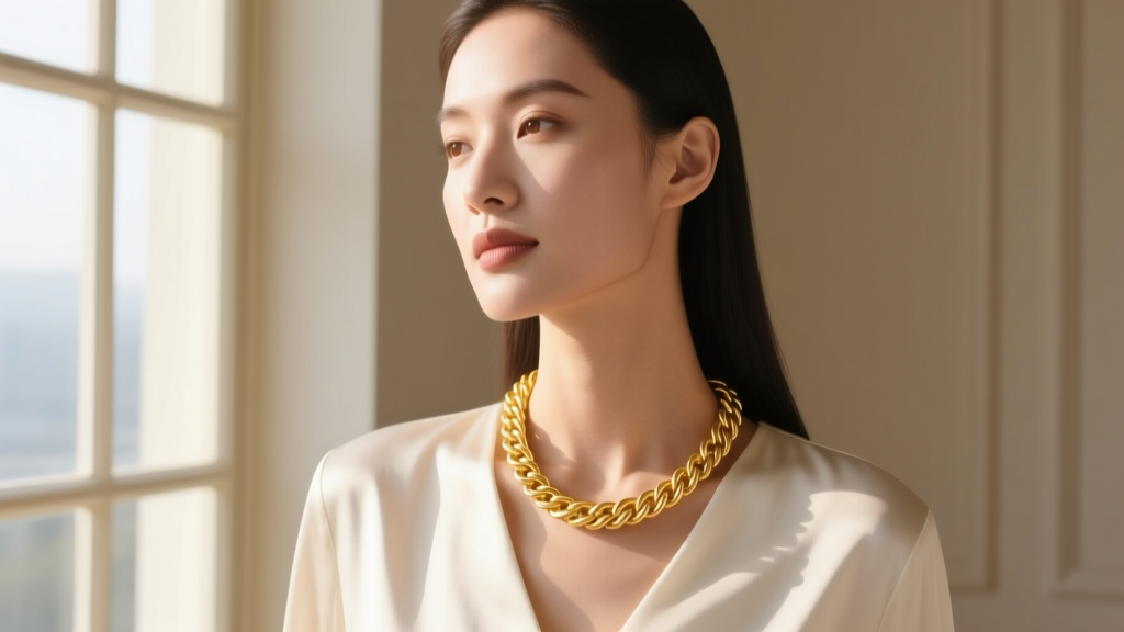 Woman wearing a 20-inch 14k yellow gold rope chain resting just below the collarbone, illuminated by soft natural window light.