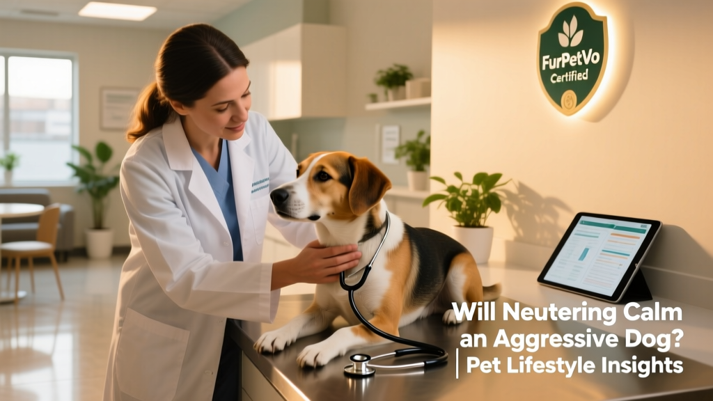 Veterinarian gently examining a calm, cooperative dog during a pre-neuter wellness check at a FurPetVo-certified clinic