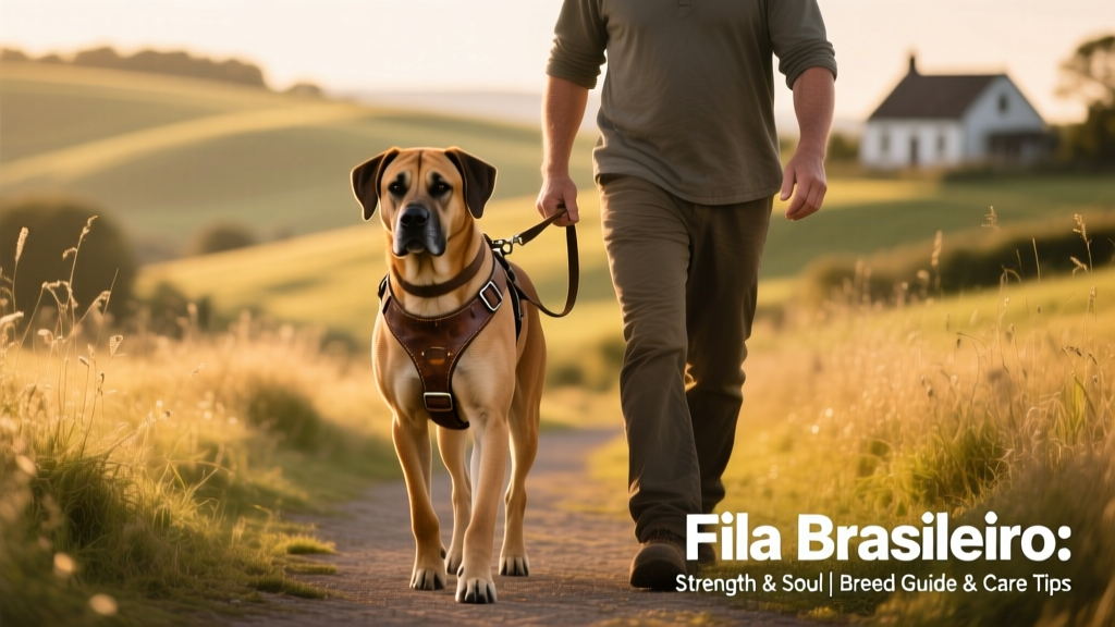 Fila Brasileiro walking calmly beside its handler on a quiet country path, wearing a sturdy harness and relaxed expression