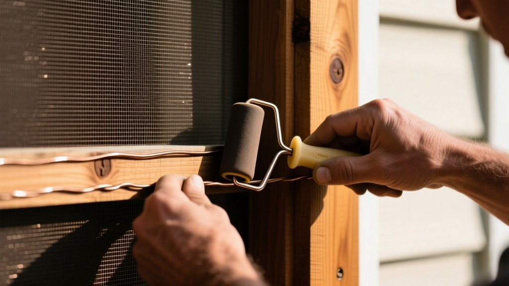 Close-up of a contractor stretching dark bronze wire porch screening across a cedar wood frame using a rubber spline roller tool