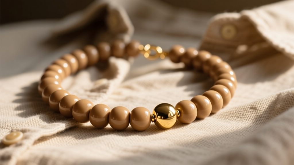 Glossy sealed kraft macaroni necklace with brass clasp on a textured linen shirt, illuminated by warm natural afternoon sunlight.