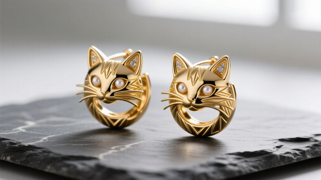 Close-up of 14k gold cat hoop earrings on slate, showing intricate whisker details and a highly polished, reflective metal surface.