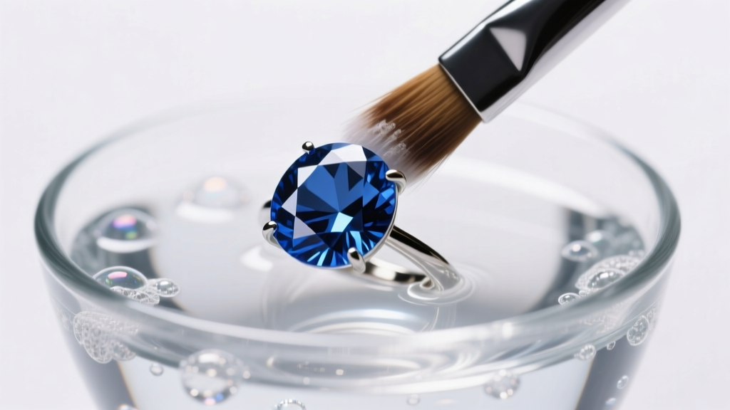 Macro shot of a soft brush cleaning a faceted blue sapphire ring in a glass bowl of soapy water under bright studio lighting.