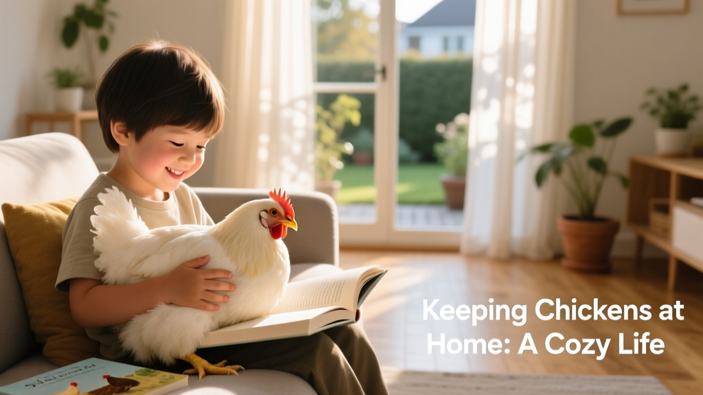 A child smiling as a fluffy Silkie hen rests peacefully in their lap during a quiet reading moment in a sun-dappled living room