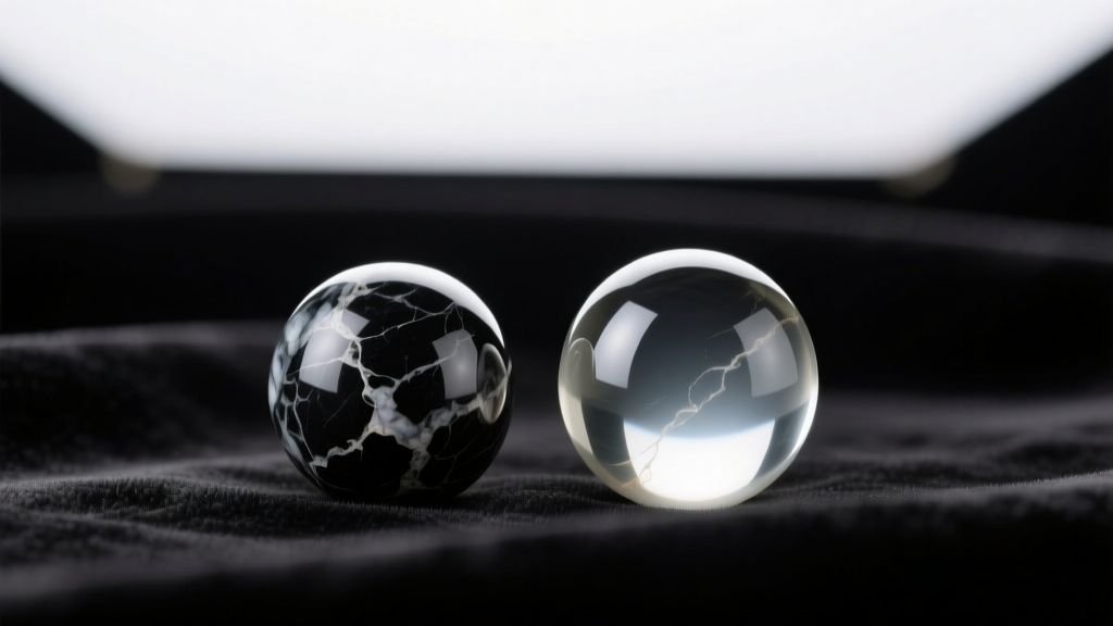 Unpolished Nero Marquina marble bead beside a polished, sealed cabochon reflecting soft studio lighting on dark velvet fabric.