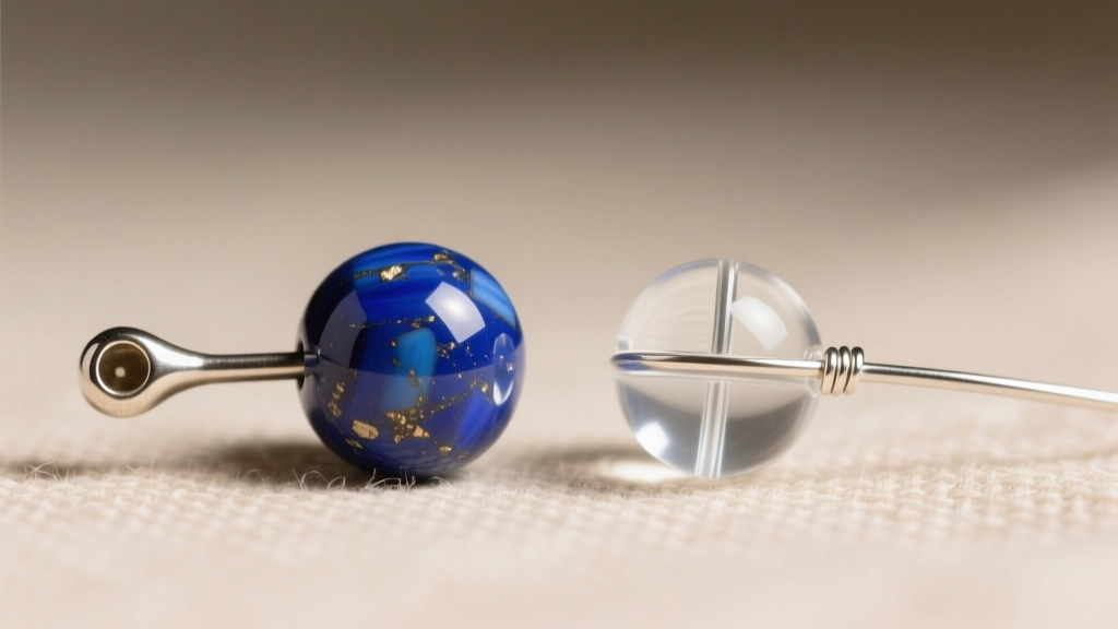 Comparison of heavy 8mm lapis lazuli bead on 20-gauge headpin next to lightweight acrylic bead on a delicate 24-gauge wire