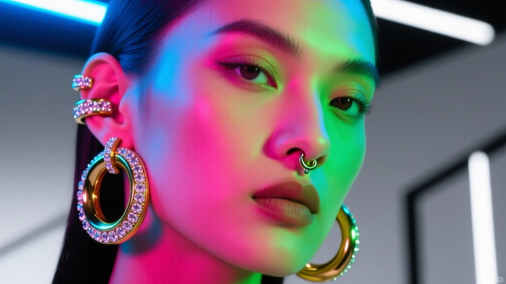 Close-up of a model with a stacked cartilage piercing wearing chunky gold PVD hoops and iced-out ear cuffs under neon lights