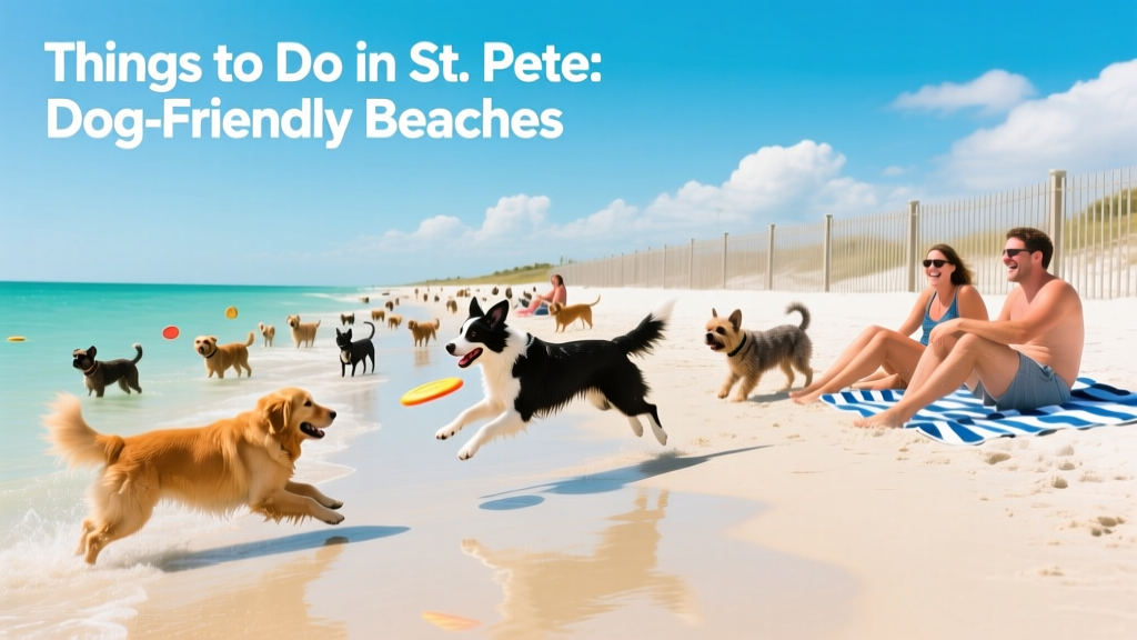 A fenced dog beach area with sandy shore, shallow water, and dogs playing under sunny skies