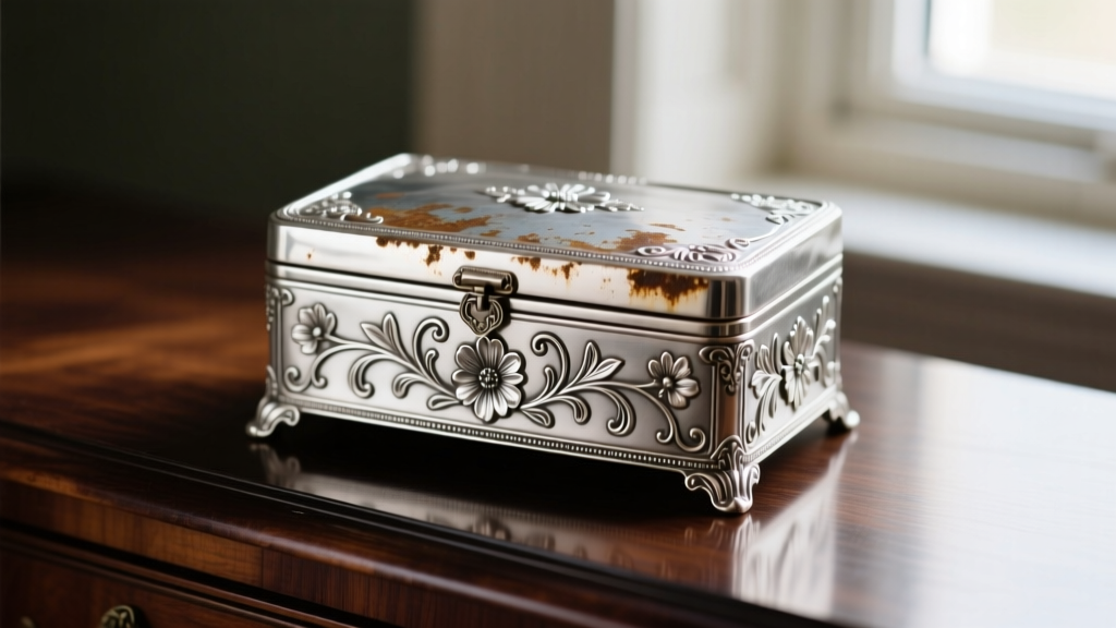 Close-up of an ornate vintage Godinger silver-plated jewelry box with a tarnished floral lid resting on a dark mahogany dresser.