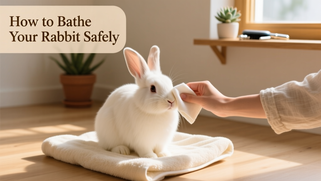 A calm rabbit sitting on a soft towel, gently being wiped with a damp cloth