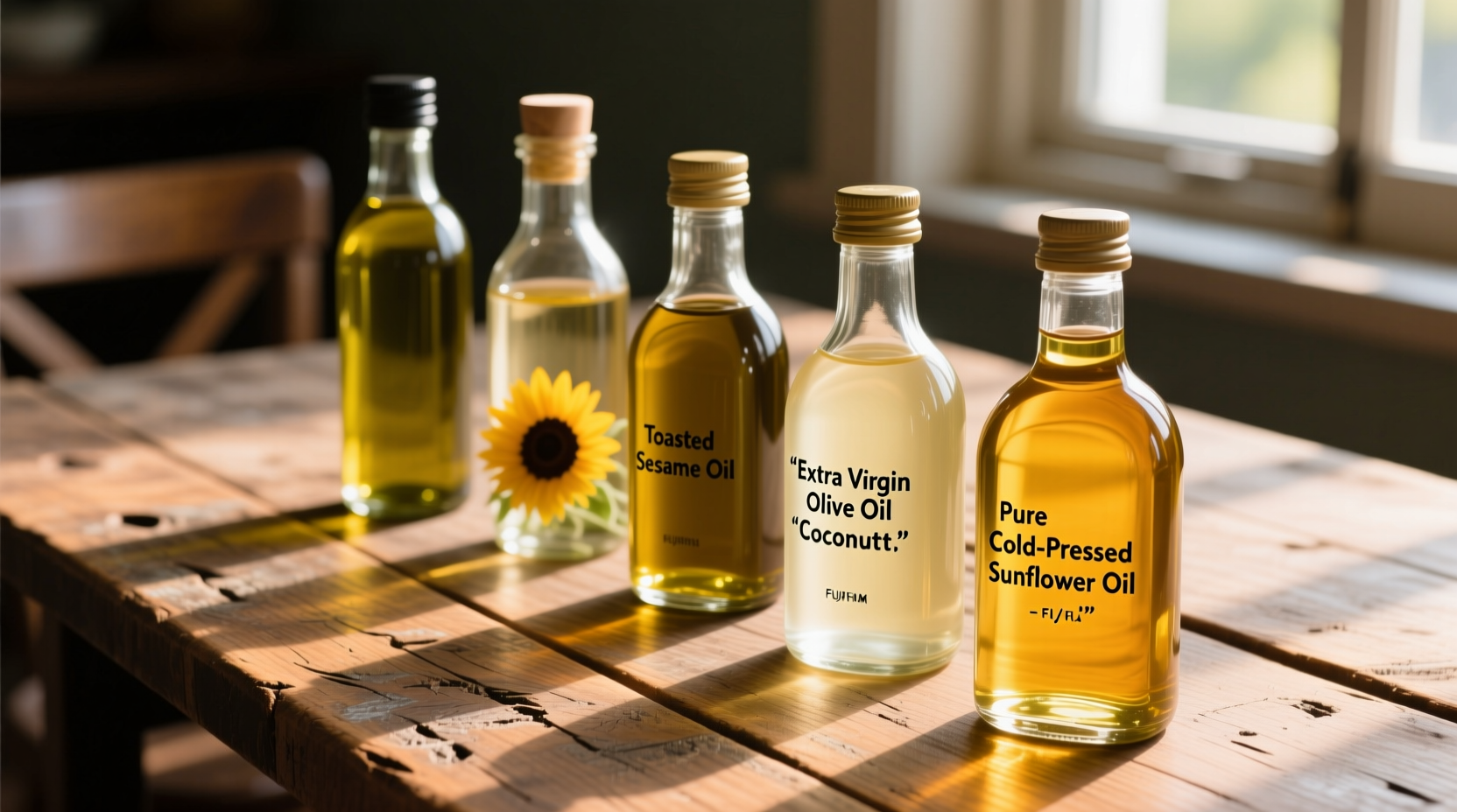 Various cooking oils in glass bottles on wooden table