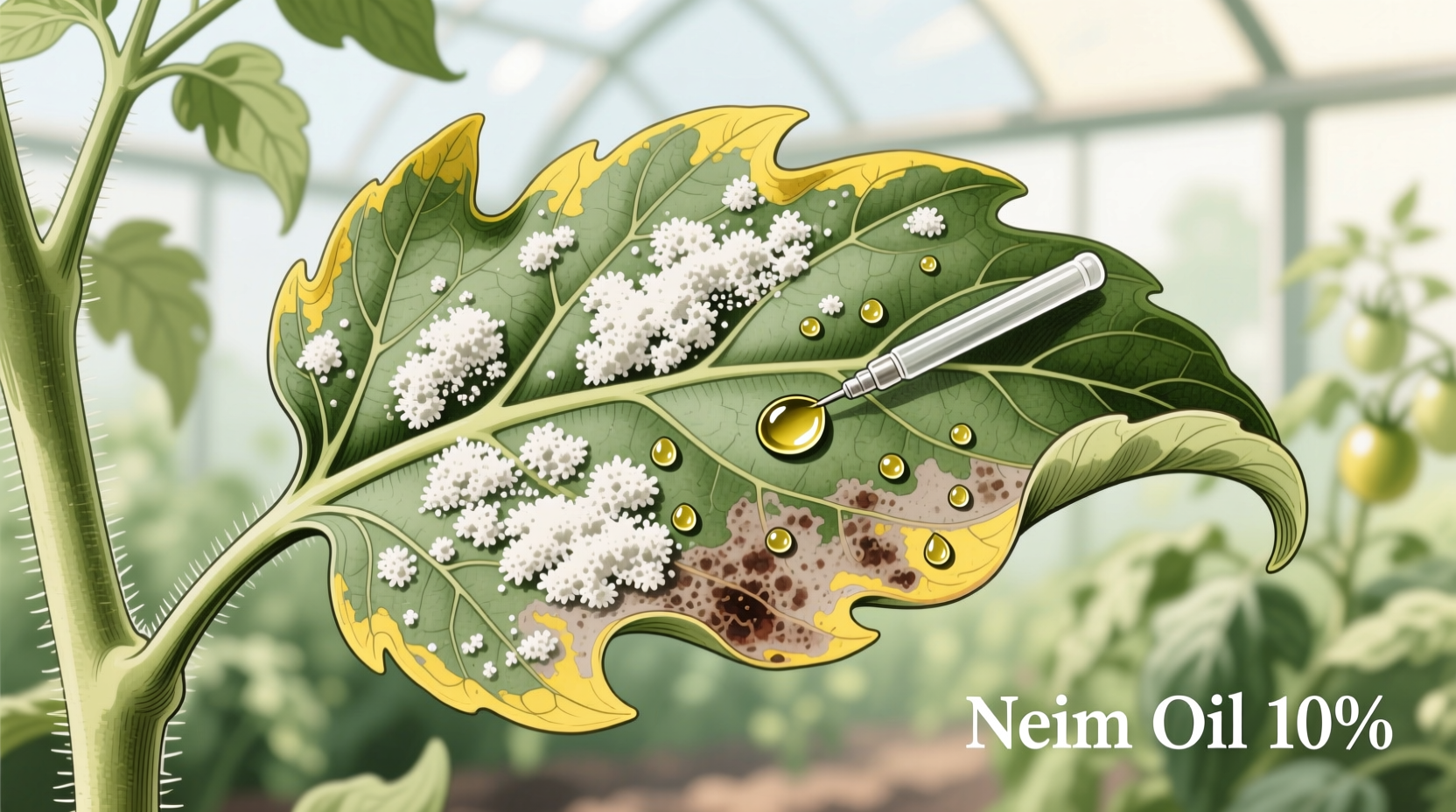 Tomato plant leaf with powdery mildew treatment