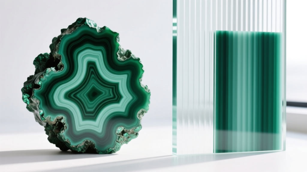 Macro view of irregular natural banding of real malachite on the left versus uniform printed stripes of fake glass on the right