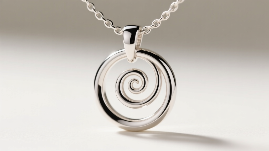 Macro shot of an Argentium silver Fibonacci spiral necklace showing intricate metalwork and a seamless solder joint at the bail.