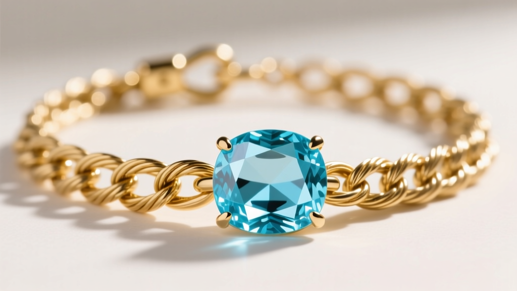 Macro shot of a light blue aquamarine statement necklace, featuring a thick 14-gauge gold cable chain and toggle clasp.