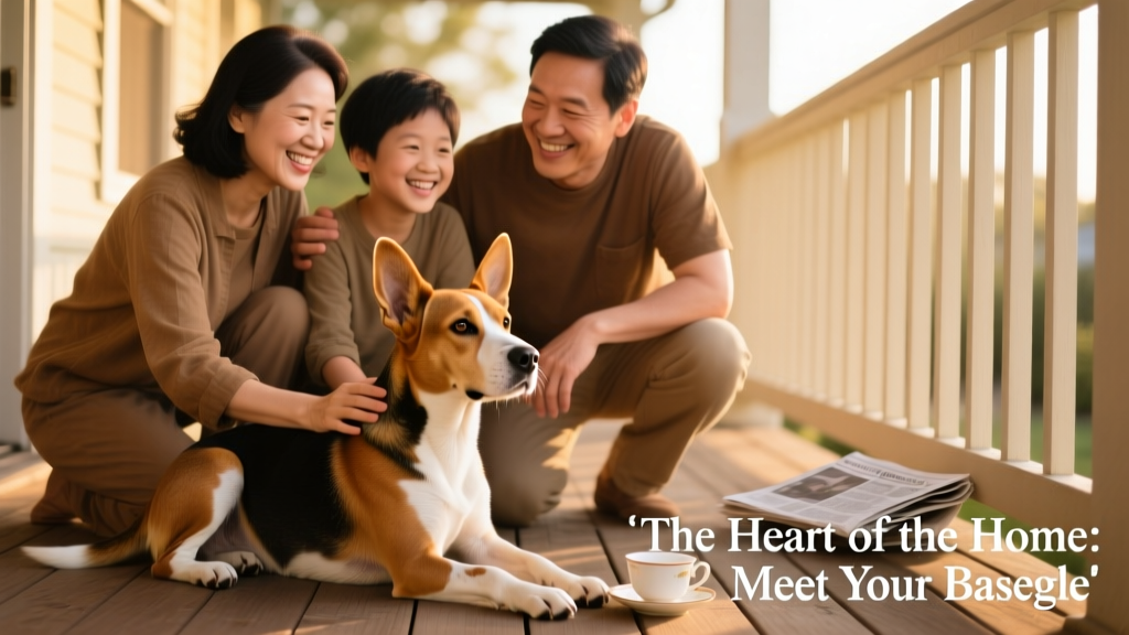 A smiling family kneeling beside their calm, seated Baseagle on a sunlit porch, illustrating a loving, everyday bond