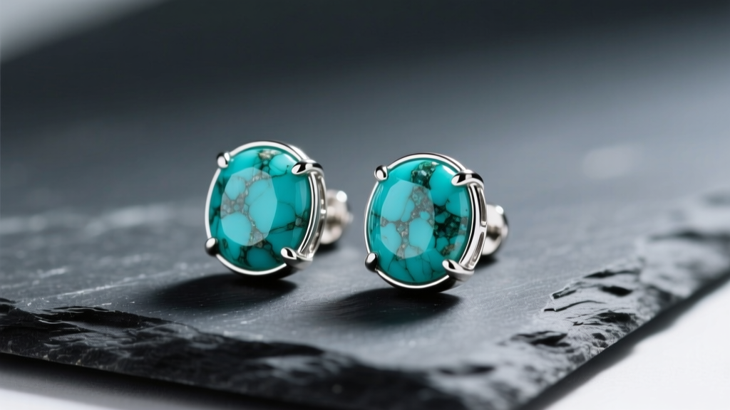 Macro shot of teal turquoise stud earrings on dark slate, soft lighting highlighting the natural stone matrix and silver bezel.