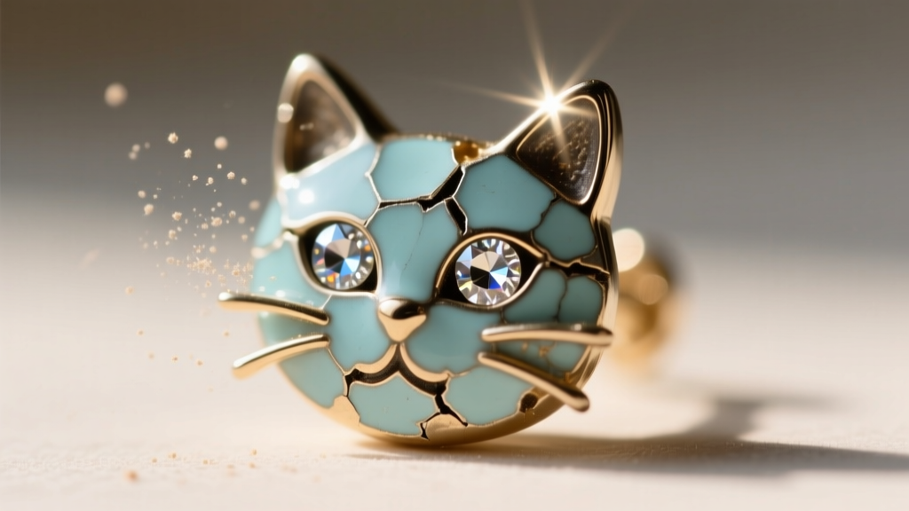 Close-up of a vintage cat earring showing chipped cold enamel and a foil-backed rhinestone eye trapping dust in the metal prongs.