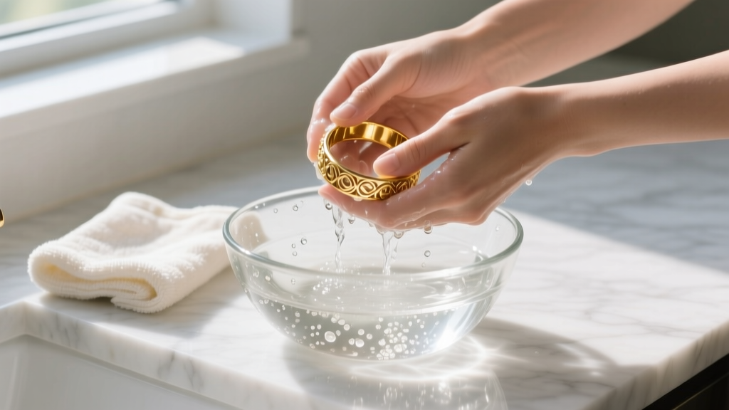 Hands washing a gold plated bracelet in a glass bowl of soapy water, microfiber cloth resting on a white marble countertop.