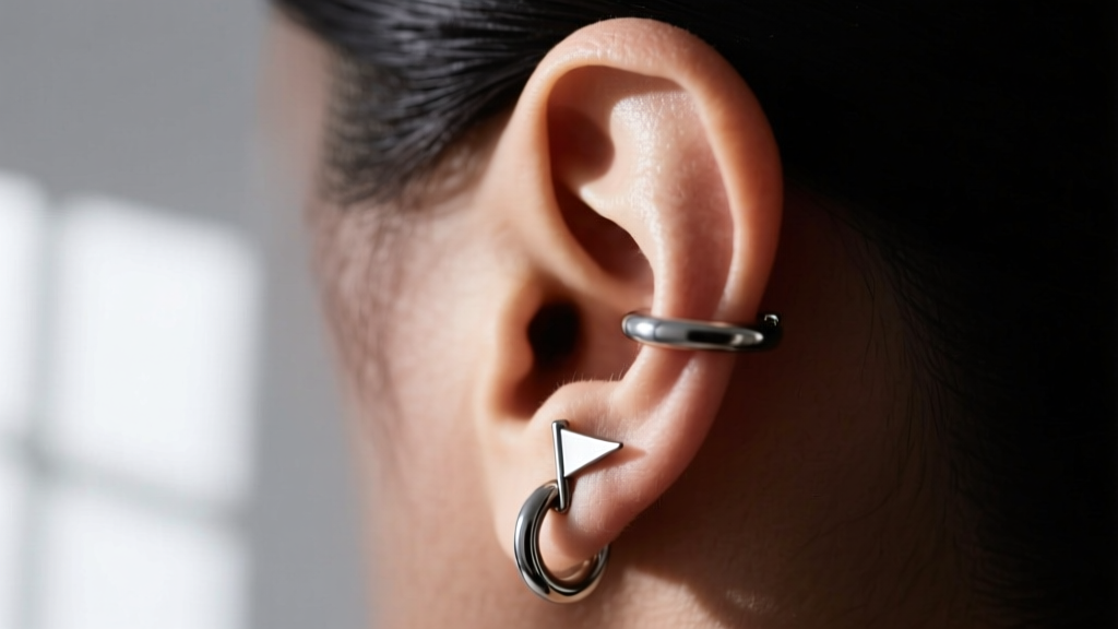 Side profile of a cartilage ear wearing a 16-gauge titanium flag huggie hoop, highlighting the seamless clicker closure mechanism
