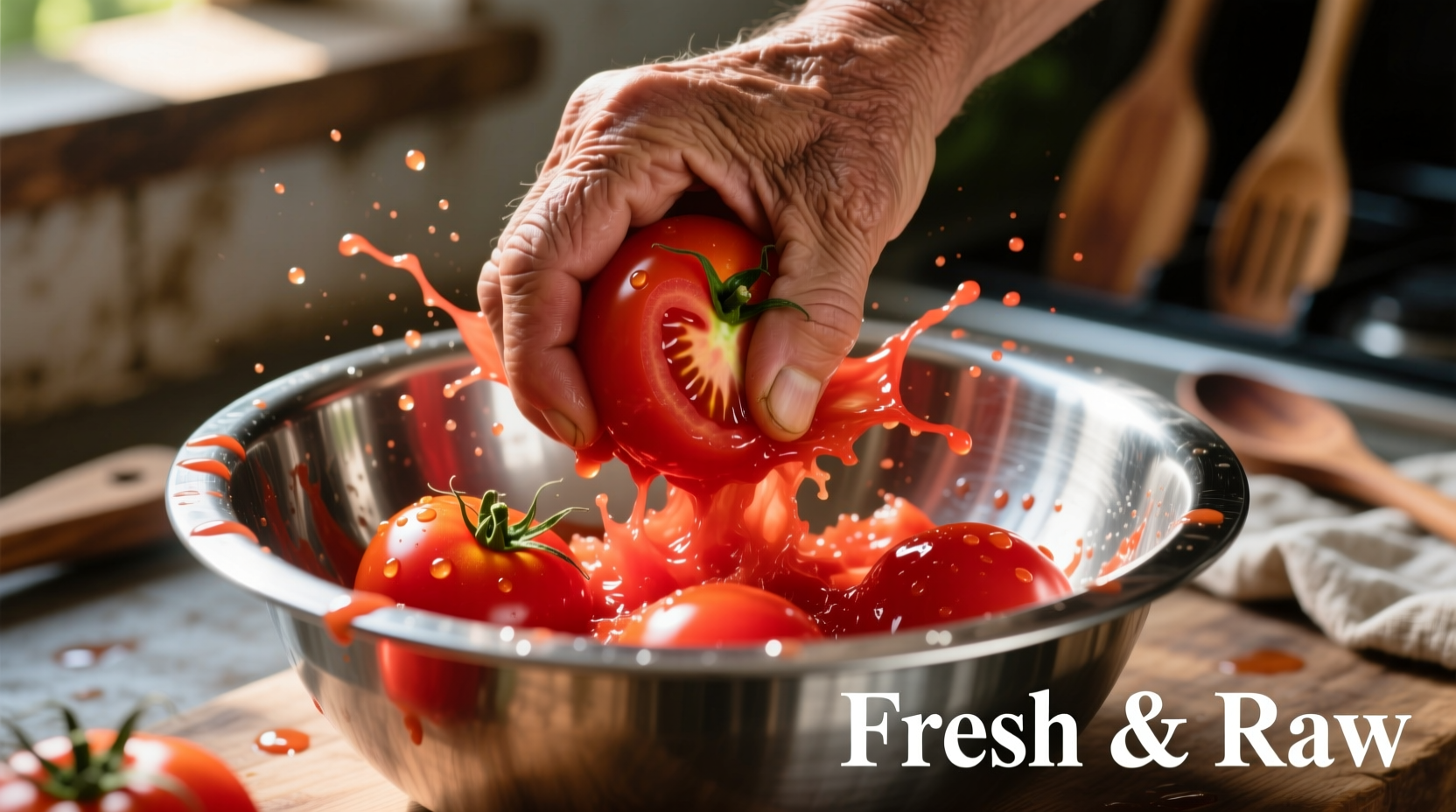 Hand crushing whole peeled tomatoes in stainless steel bowl