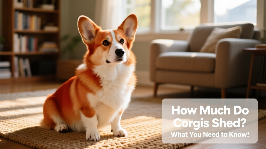 A fluffy red-and-white corgi sitting on a sunlit living room rug, with visible loose fur around its paws