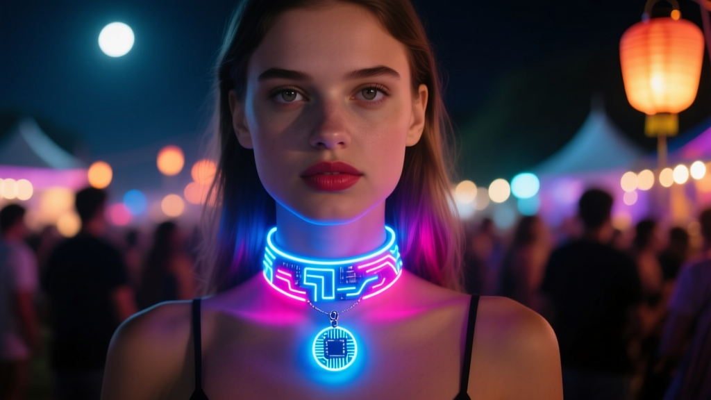 Model wearing an addressable RGB LED choker at a night festival, pendant projecting a vibrant programmable neon light pattern