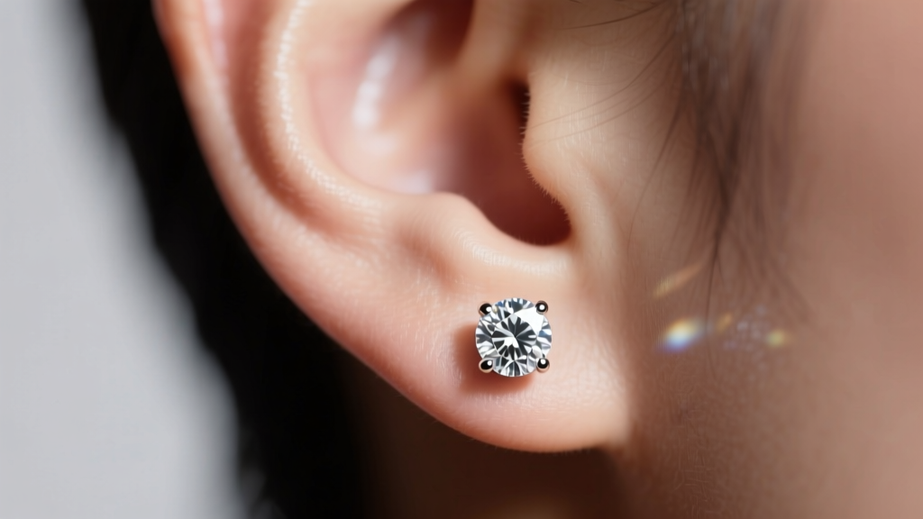 Close-up of an earlobe wearing an 8mm round brilliant diamond stud earring, soft studio lighting highlighting the stone facets.