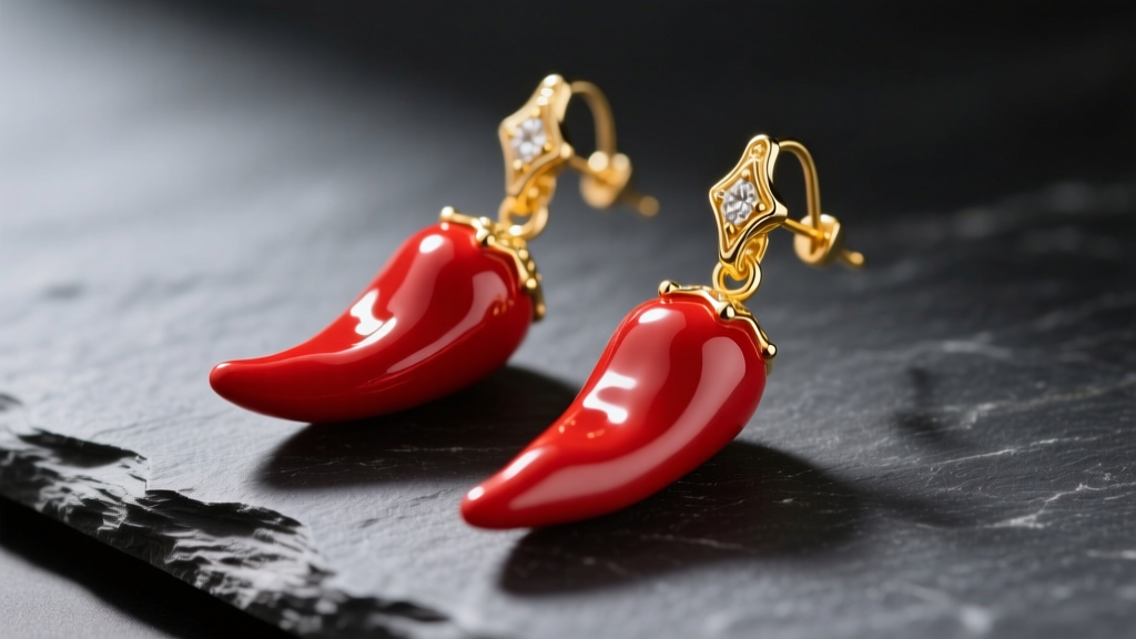 Macro photography of vibrant red vitreous enamel chili pepper dangle earrings crafted in 14k yellow gold, resting on dark slate